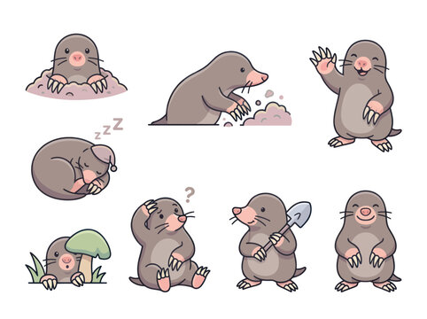 Cute cartoon moles in various poses, digging, sleeping, and waving