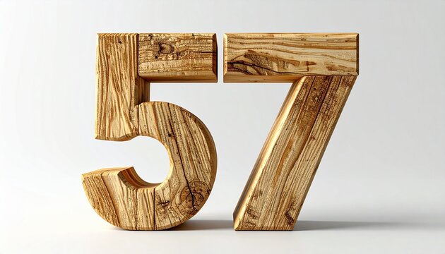 Wooden number 57 crafted from natural grain texture blocks with a modern minimalist aesthetic design