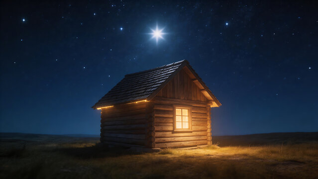 Wooden cabin under starry night sky