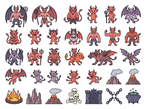 Cartoon devils and hellscape elements for spooky design