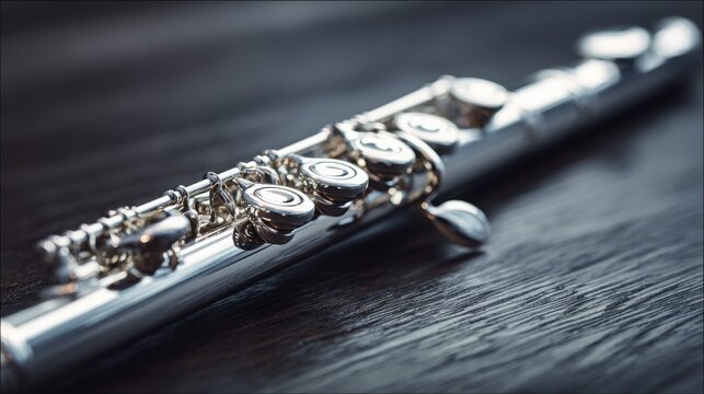 Elegant Silver Metal Flute With Intricate Keys And Curves Showcasing Musical Craftsmanship