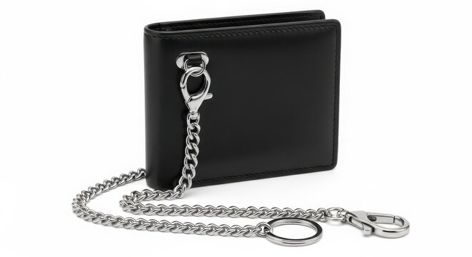 Black leather wallet with silver chain attached accessory steampunk personal isolated background hardware lifestyle essential business metalwork fastener