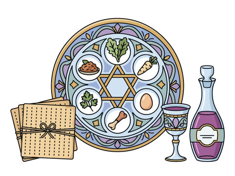 Passover Seder plate with matzah, wine and symbolic foods in colorful stained glass style