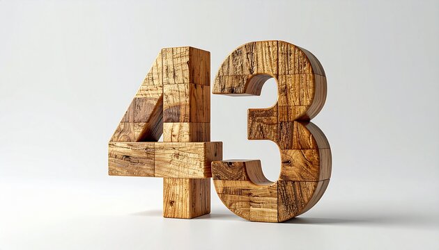 Three dimensional Number 43 crafted from natural wooden blocks on a minimalist white background for educational and design concepts