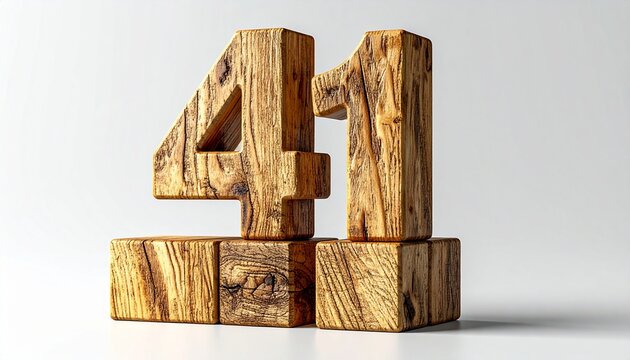3D Rendered Number Forty One Crafted From Rustic Textured Wooden Blocks Isolated On A Clean White Background for Elegant Design Projects