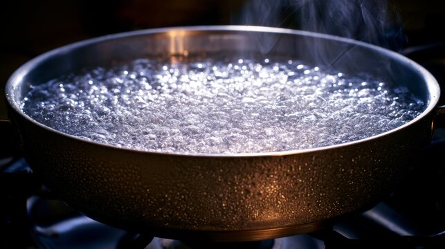 Boiling Water in a Stainless Steel Pot with Steam Rising in a Kitchen Setting, Close-Up View of Bubbling Surface and Reflections Captured in Natural Light