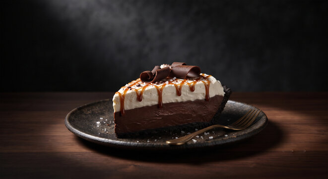 A sophisticated product photograph for a high-end restaurant. A single, refined Mud Pie slice topped with a delicate, salt-flecked caramel drizzle and a dust of edible dark-chocolate espresso beans. 