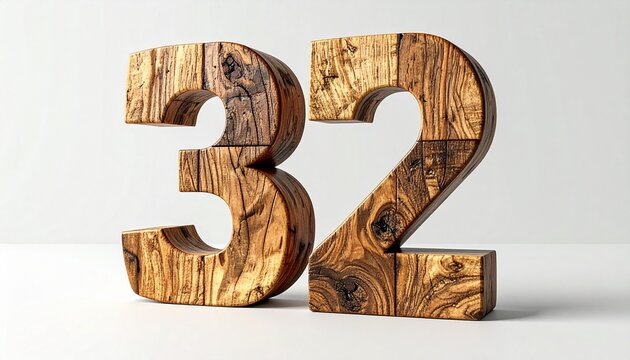 Wooden number thirty-two built from stacked wooden blocks with contemporary geometric styling and a clean white background