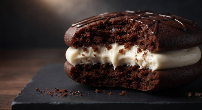 A side-view macro shot focusing on the first bite of the Whoopie Pie. The image captures the dynamic profile: the indentation of the bite, the way the soft cake and cream compress together, 
