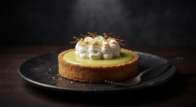 A sophisticated product photograph for a high-end bistro. A single, refined Key Lime tartlet featuring a ginger-snap crust, topped with a delicate, lime-infused chantilly cream