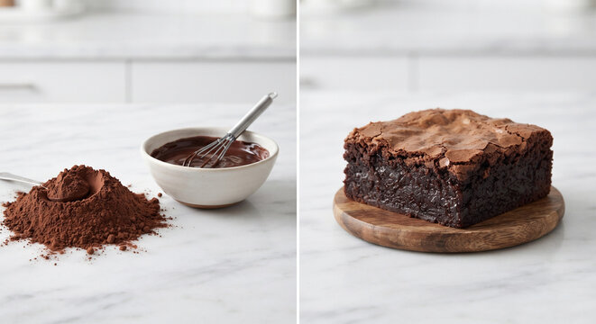 A clean product shot showcasing the raw ingredients vs. the finished classic. On a white marble counter sits a mound of dark, high-quality cocoa powder, a bowl of melted chocolate