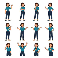 Obraz premium Cartoon Woman Character Poses and Gestures Set