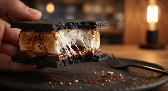 A side-view macro shot focusing on the "first bite" of the s'more. The image captures the dynamic profile: the indentation of the bite,