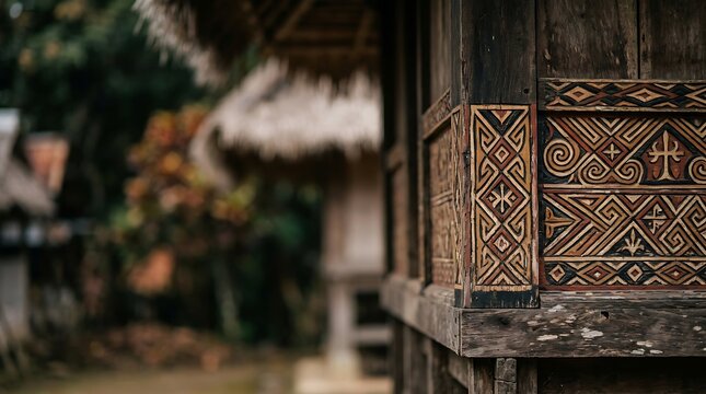 Traditional intricate wood carvings on a tribal village house