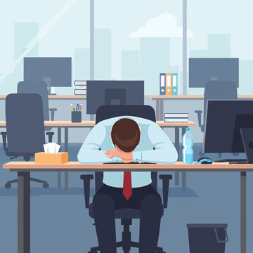 Exhausted Businessman Slumps Over Desk In Modern Office Setting