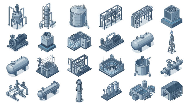 Comprehensive collection of industrial process equipment including reactors tanks pipelines and control systems for