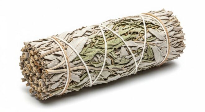 Dried white sage smudge bundle tied with cotton string for ritual cleansing spiritual meditation wellness botanical ceremony purification aromatherapy sagebrush tradition
