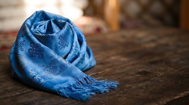 Blue ceremonial silk scarf with patterns on wooden table