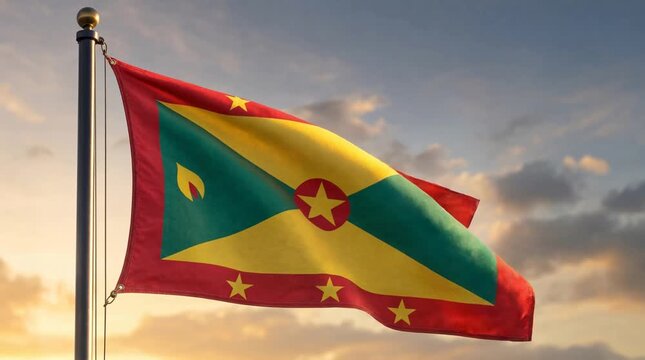 Grenada - Waving flag during sunset or sunrise (cinematic atmosphere)
