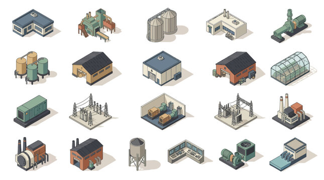 Collection of diverse modular building structures and industrial facilities with various architectural styles and infrastructure