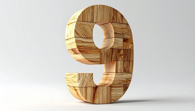 Three Dimensional Wooden Number Nine Constructed From Modular Stacked Timber Blocks on a Minimalist Studio Background
