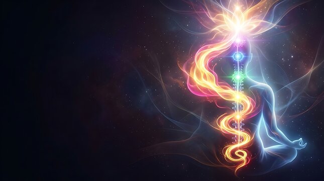 Ethereal meditating silhouette with glowing chakras and energy flow