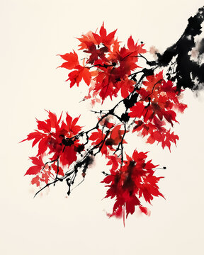色づく紅葉 秋の墨絵イラスト

