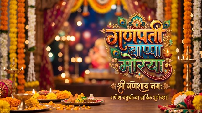 Ganpati Bappa Morya Greeting with Ganesha Idol and Flowers