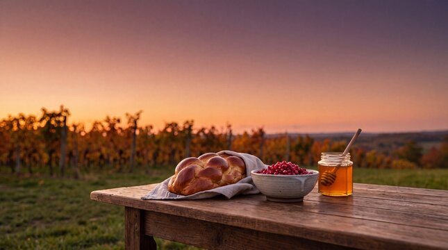 Rosh hashanah table with challah and honey in a vineyard at sunset