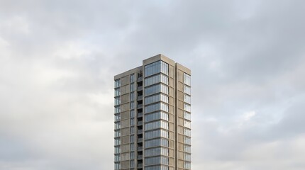 Fototapeta premium Modern luxury residential high-rise tower exterior against a cloudy overcast sky background.
