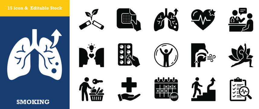 Smoking cessation and healthy lungs icon collection for quit smoking day.