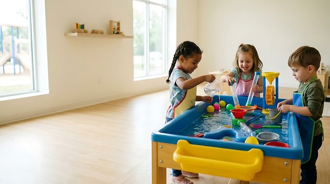 Diverse toddlers playing together at a water table in preschool