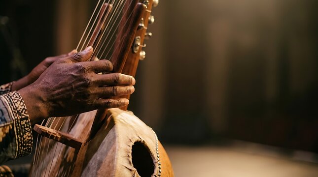 Close up of musician hands playing a traditional kora instrument