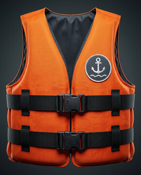 Bright orange life jacket with black adjustable straps and anchor emblem isolated on dark background, studio product photography