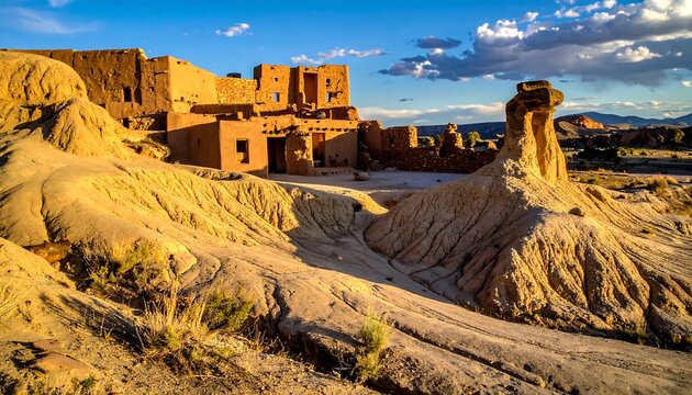Ancient stone ruins of a historic settlement at sunset.
