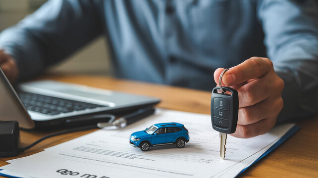 Person holding car key fob over purchase agreement contract with toy vehicle on table.