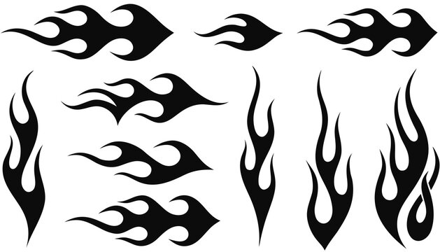 Racing flame vinyl decals, black tribal fire silhouettes for vehicle graphics, set of 10 stylized speed flame vector elements for automotive tuning isolated on White Background