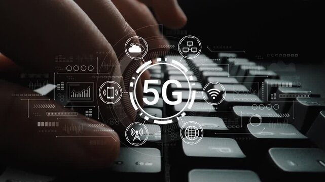 Modern technology concept featuring 5G network connection with hand typing on computer keyboard and digital icons illustrating connectivity and data transfer. Entropy.