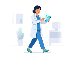Fototapeta premium Doctor Using Tablet For Medical Information In A Modern Clinic Setting
