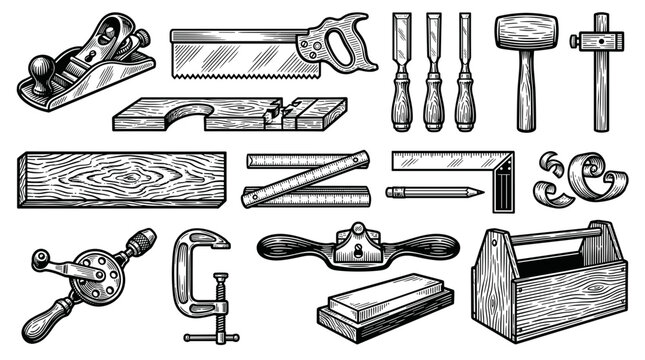 Stylized illustration of woodworking tools on transparent background with tools monochrome