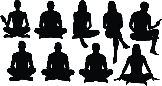 Diverse silhouettes of people meditating and practicing mindfulness