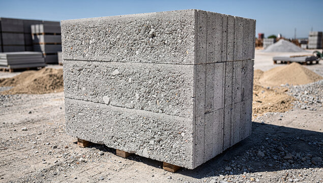 A large stack of grey concrete building blocks sits on wooden pallets at a construction site