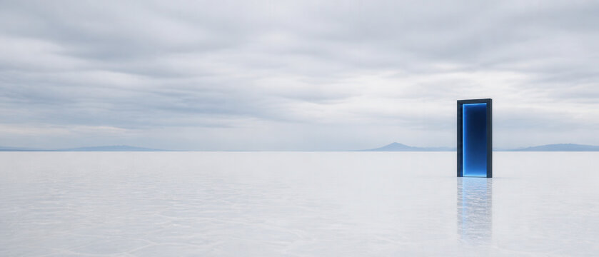 Glowing Blue Interdimensional Doorway On Vast White Salt Flat
