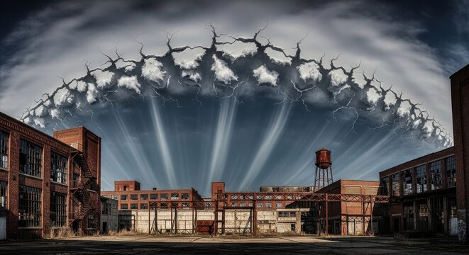 Fractured Sky Over Abandoned Industrial Buildings