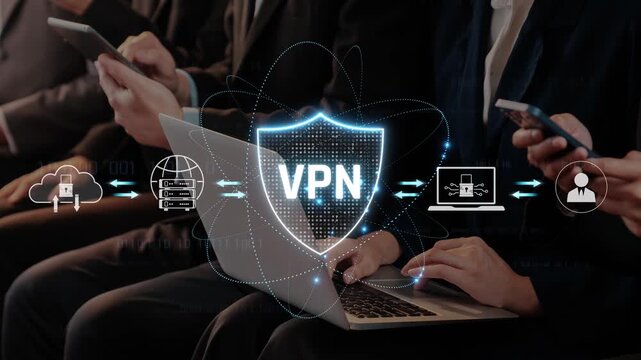 A digital representation of VPN technology connecting professionals in a modern workspace, emphasizing data privacy and internet security for online activities and communication. Raster