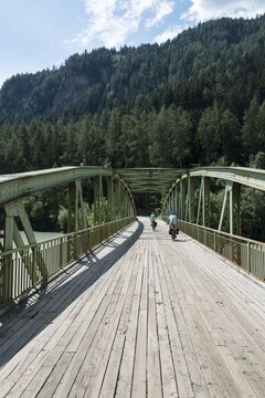 Cycle path Via Claudia Augusta, crossing the Alps, bridge over the Inn, Landeck, Austria