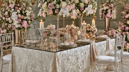 Fototapeta premium Elegant wedding reception table adorned with lush floral arrangements, candles, and soft fabrics creating a romantic atmosphere for special events