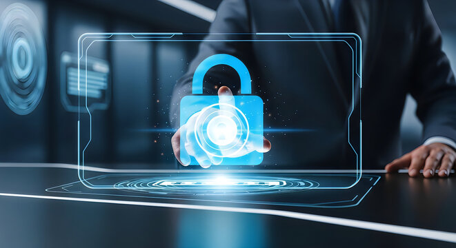 Professional businessman touching a glowing digital padlock icon to secure sensitive corporate data and information