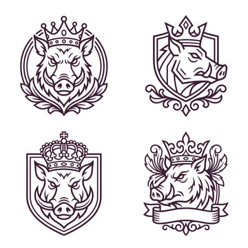 Boar heads with crowns and crests.
