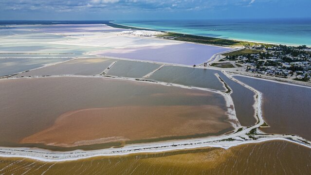 Aerial of the colourful salinas of Las Coloradas, Yucatan, Mexico